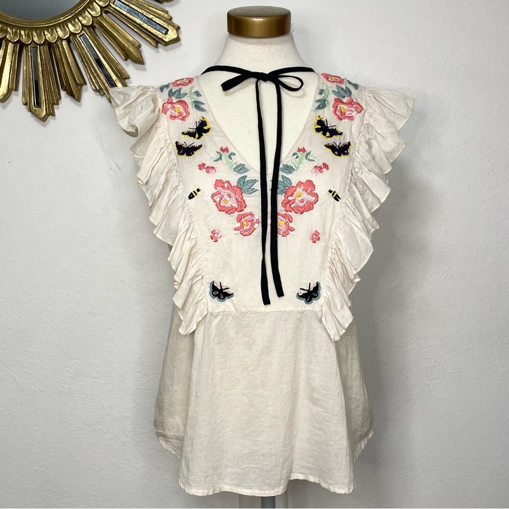 St. Roche Embroidered Floral Ruffle Sleeveless Top - Picture 2 of 15